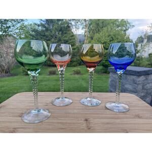 Vintage 1970s Italian Empoli Twisted Stem 7-1/4” Wine Glasses 6 oz - Set of 4